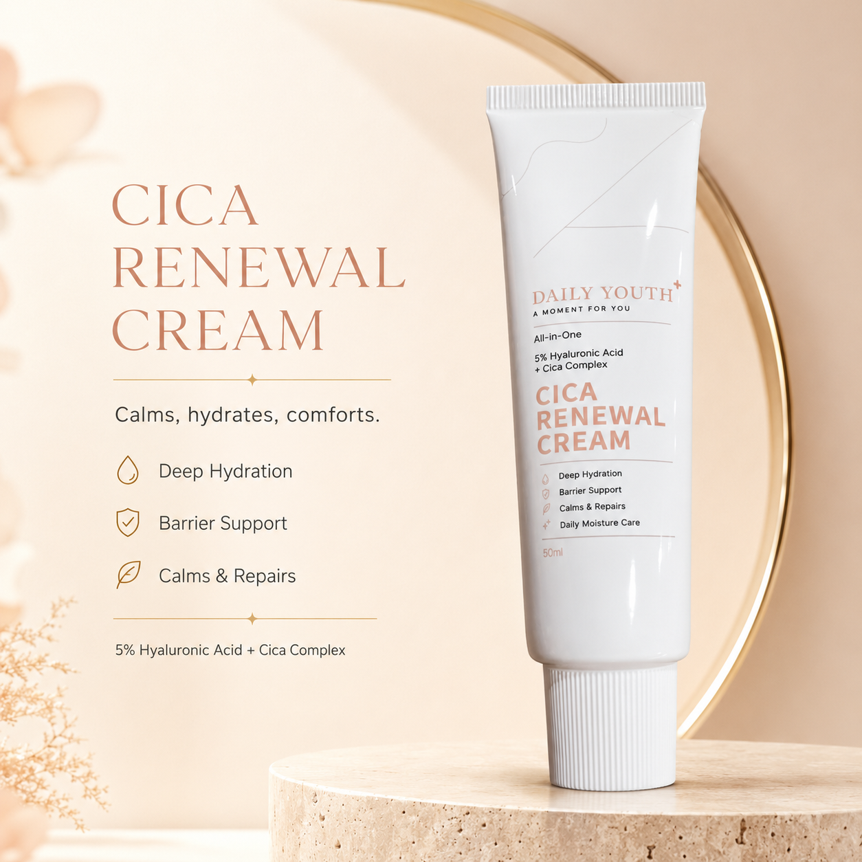 CICA Renewal Cream with 5% Hyaluronic Acid for Hydration & Barrier Support
