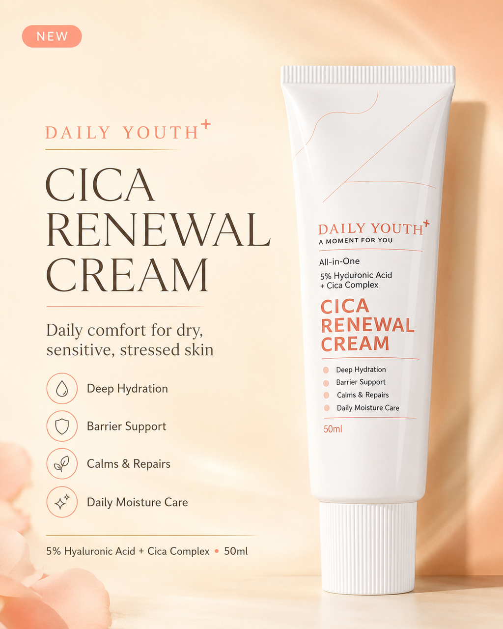 A 50ml tube of Daily Youth+ Cica Renewal Cream shown on a warm peach and beige background with product benefits listed on the left.