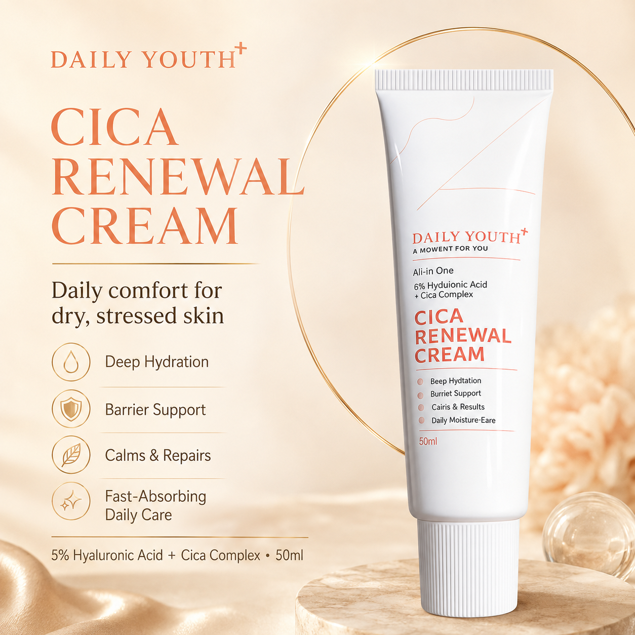 CICA Renewal Cream with 5% Hyaluronic Acid for Hydration & Barrier Support