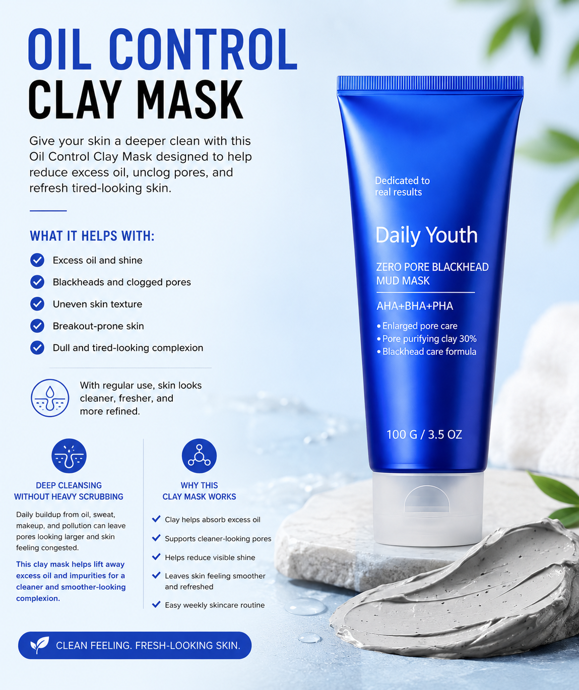 Oil Control Clay Mask for Blackheads, Pores and Clearer-Looking Skin