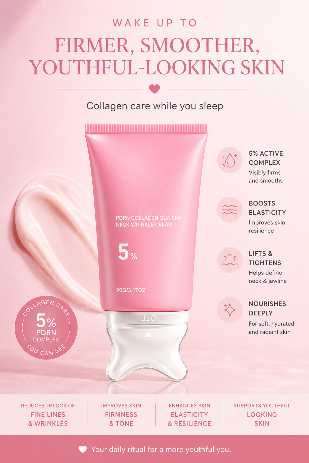 PDRN Collagen Neck Wrinkle Cream | Gua Sha Massage Applicator | Helps Firm, Smooth & Hydrate Neck and Décolleté | Korean Skincare