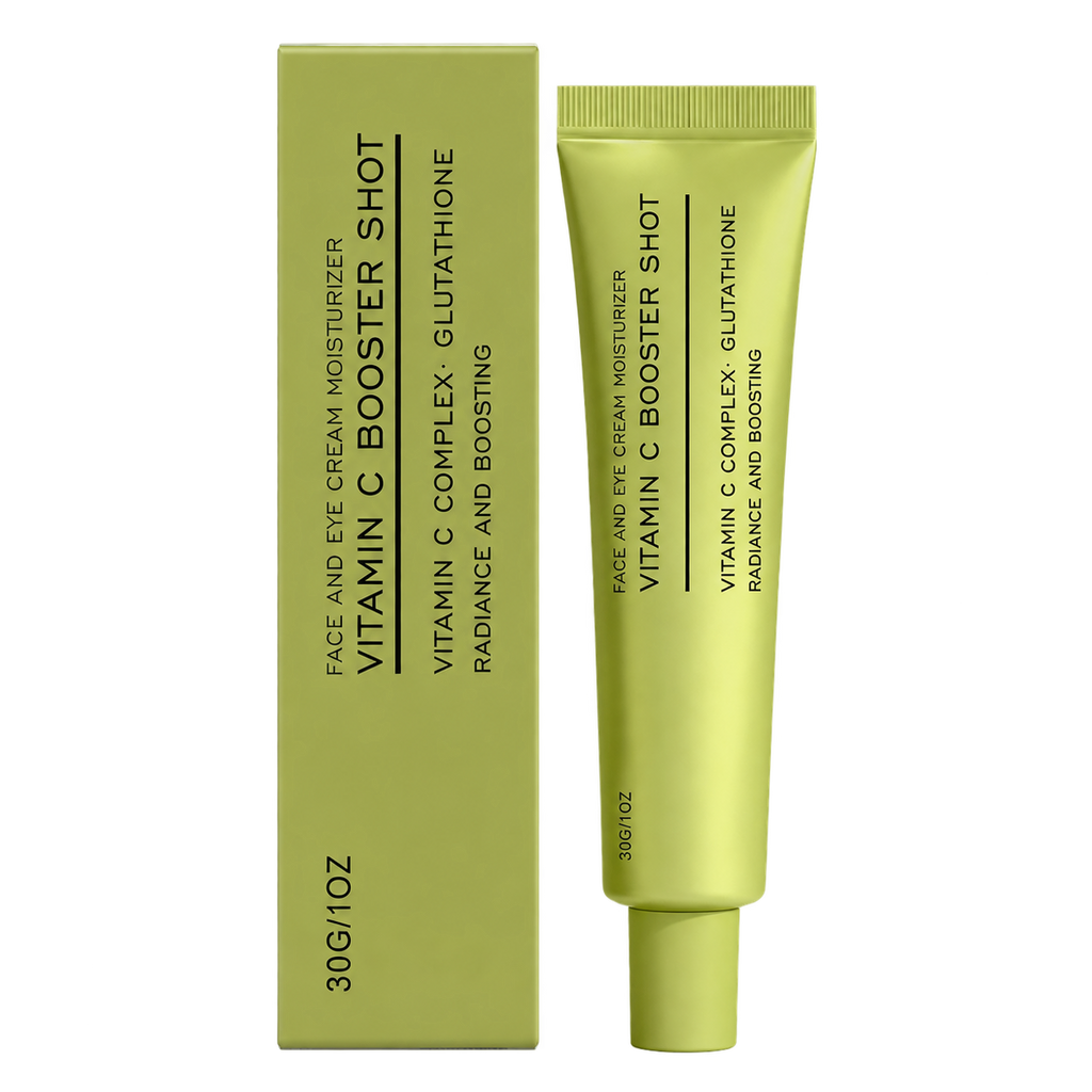 A green cosmetic tube labeled 'Vitamin C Booster Shot' stands beside its matching rectangular box on a plain white background.