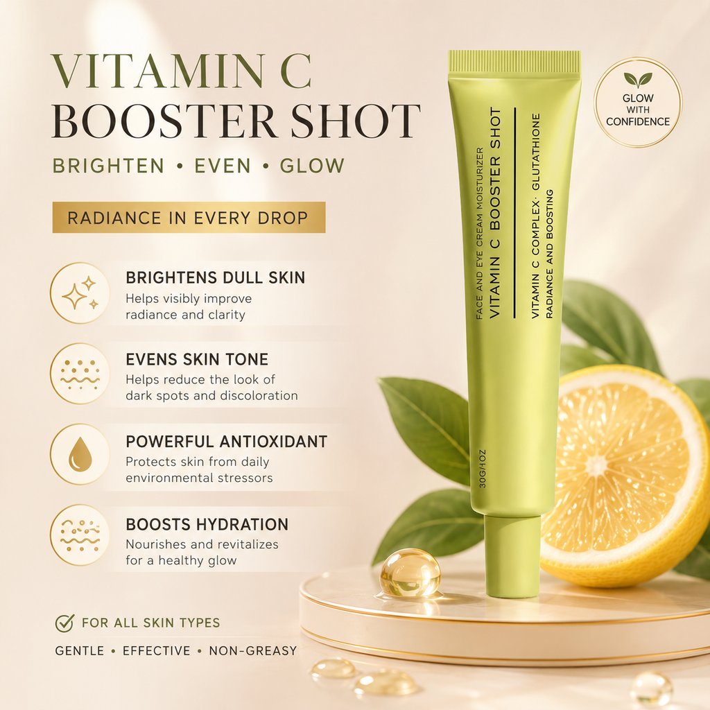 A tube of Vitamin C Booster Shot face cream moisturizer stands on a gold tray beside sliced orange halves and gold capsules, with marketing text and benefit callouts on a warm beige background.