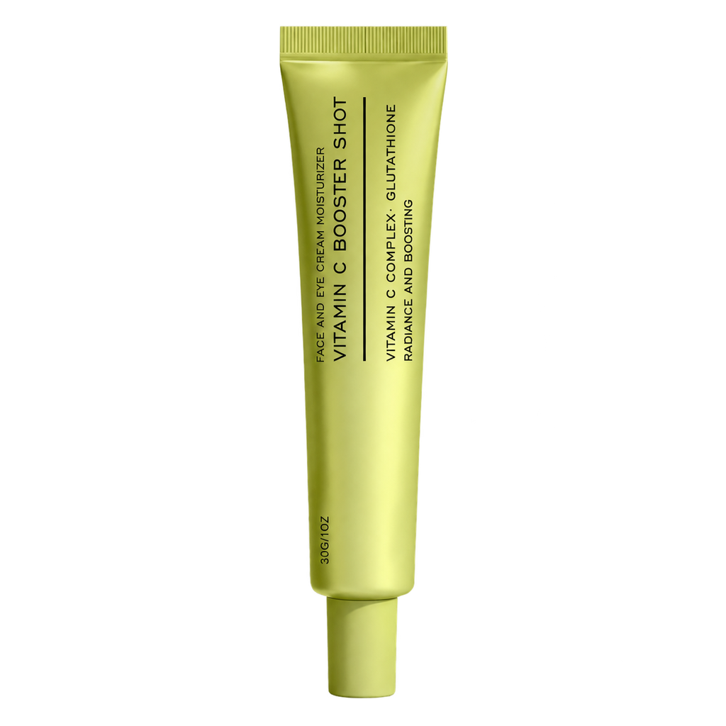 A single tube of Vitamin C Booster Shot face and eye cream moisturizer in a bright yellow-green color, shown against a plain white background.