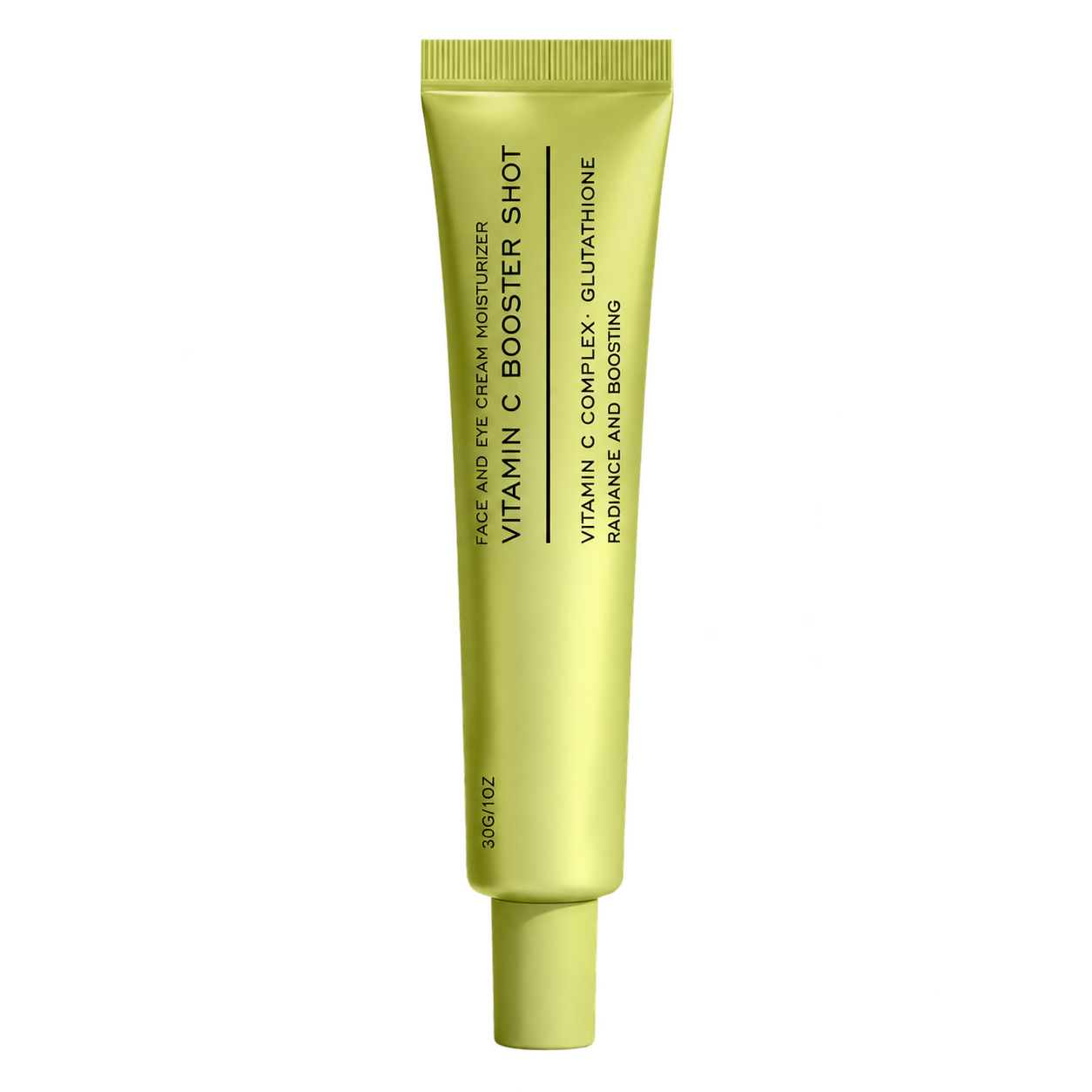 A single tube of Vitamin C Booster Shot face and eye cream moisturizer in a bright yellow-green color, shown against a plain white background.