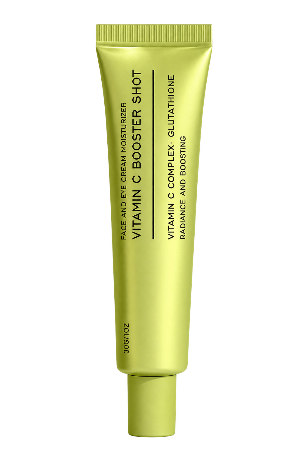 A single tube of Vitamin C Booster Shot face and skin moisturizer in a metallic chartreuse green packaging, shown against a solid white background.