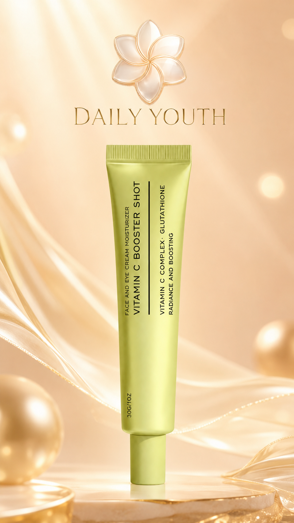 A light yellow-green squeeze tube of Daily Youth Vitamin C Booster Shot face and eye cream moisturizer, set against a warm golden background with elegant ribbons and soft bokeh lights.
